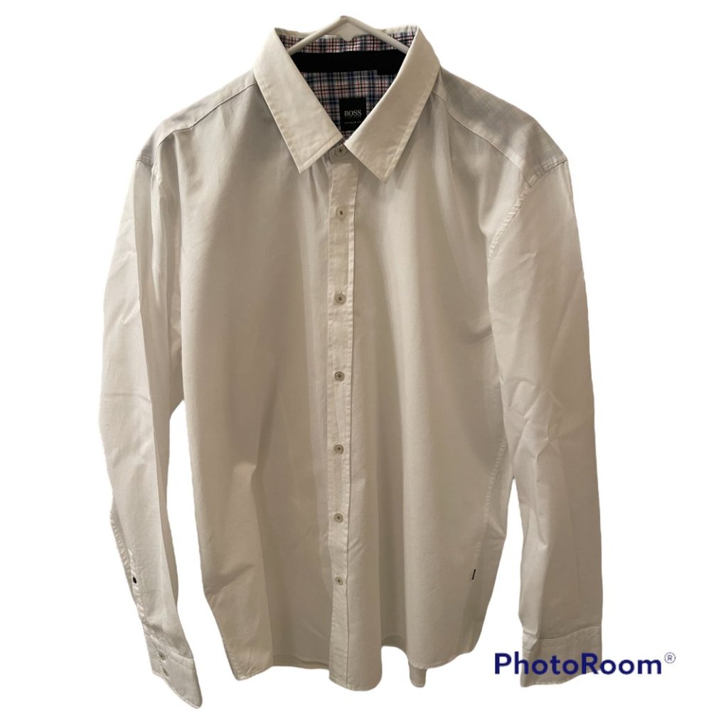 Hugo Boss Button Up Front Shirt, Size XL Slim Fit, White, Long Sleeve